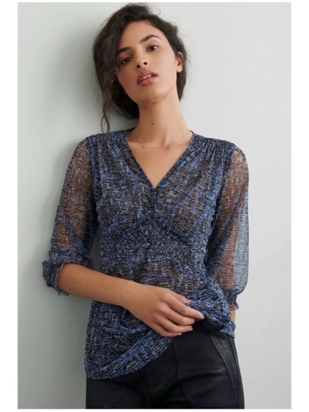 BY ANTHROPOLOGIE • Gretchen smocked blouse blue cream XS